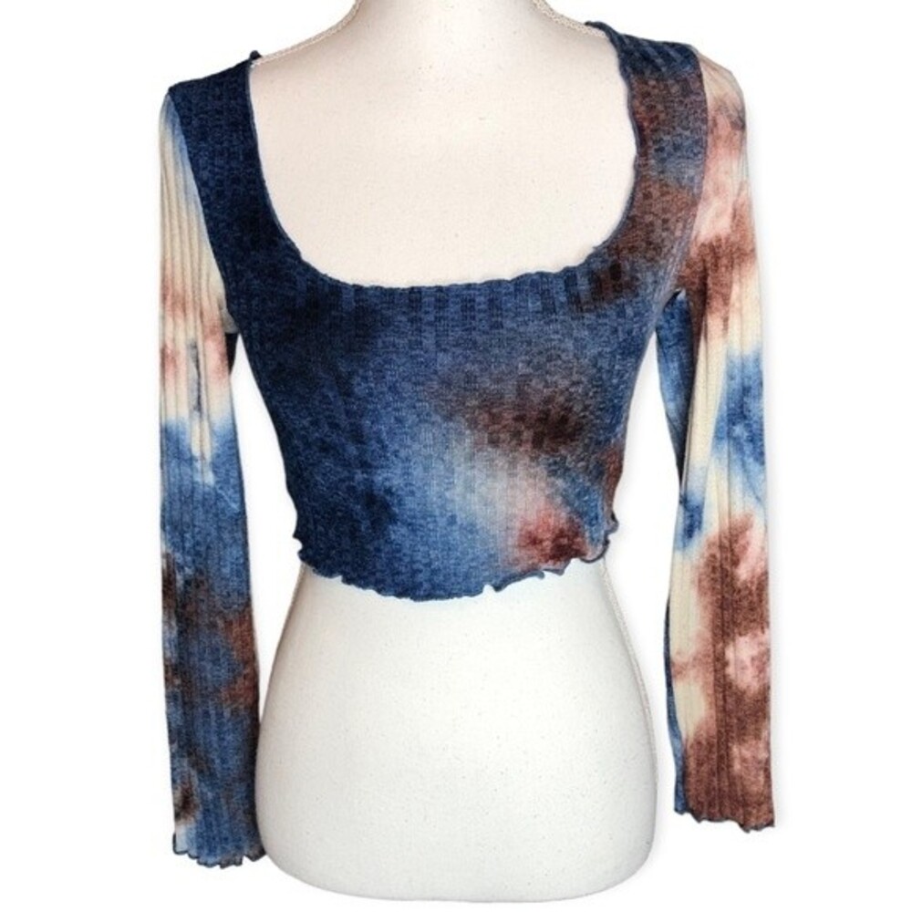 SHEIN Tie-Dye Ribbed Knit Square Neckline Long Sleeve Crop Top